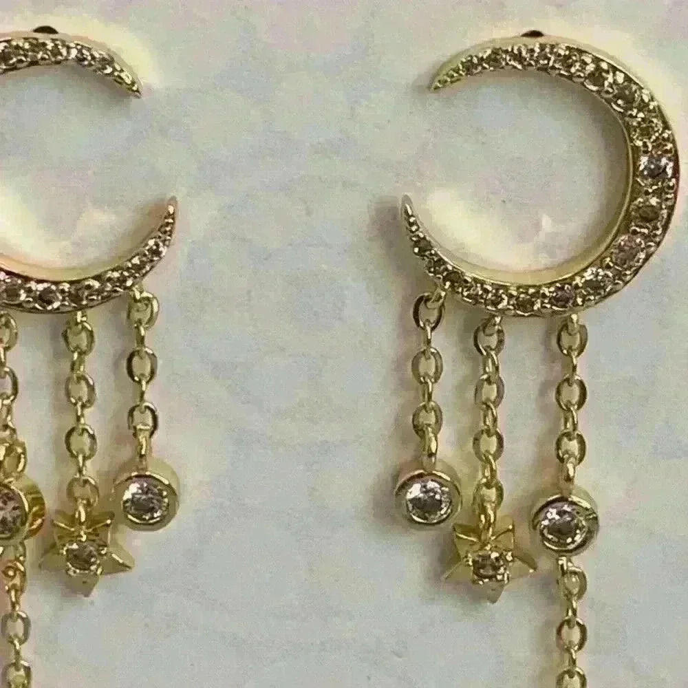 Crystal Dangle Moon Huggie Pendant Earrings - Picture 2 of 4